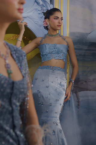 Caroline light blue embellished mermaid skirt set