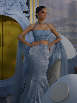 Caroline light blue embellished mermaid skirt set