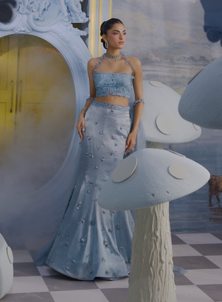 Caroline light blue embellished mermaid skirt set