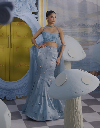 Caroline light blue embellished mermaid skirt set