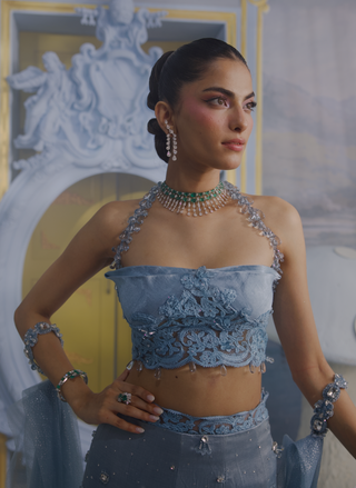 Caroline light blue embellished mermaid skirt set