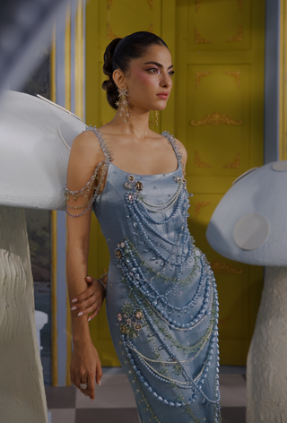 Merida iceberg blue embellished dress with cape