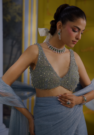 Annika iceberg blue net sari with blouse