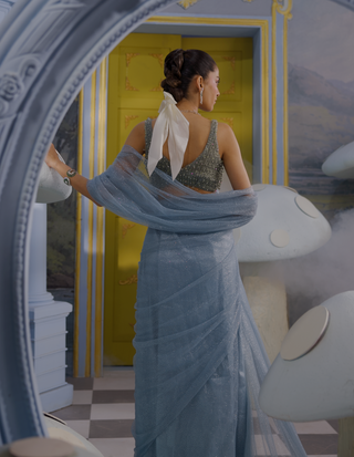 Annika iceberg blue net sari with blouse