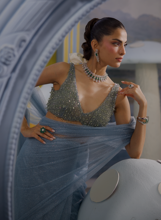 Annika iceberg blue net sari with blouse