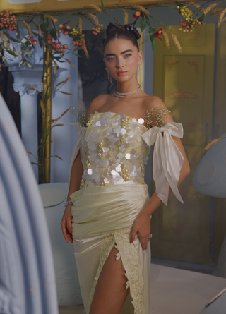 Fiona light yellow pastel corset with drape skirt