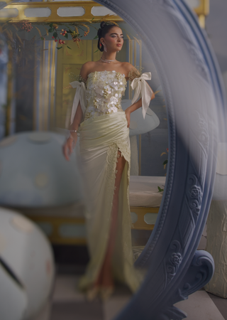 Fiona light yellow pastel corset with drape skirt