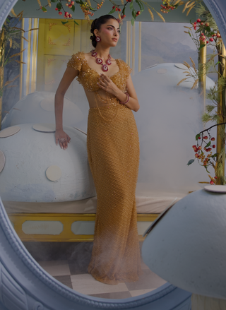 Erika beige gold embellished skirt set