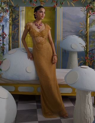Erika beige gold embellished skirt set