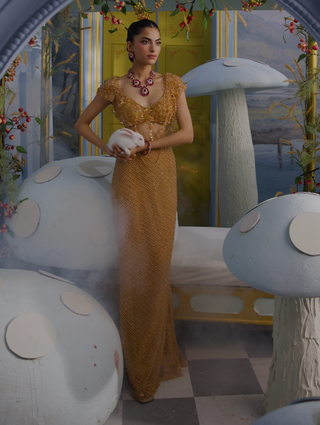 Erika beige gold embellished skirt set