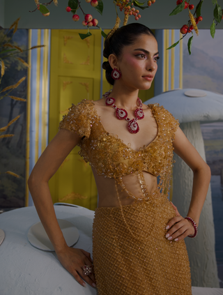 Erika beige gold embellished skirt set