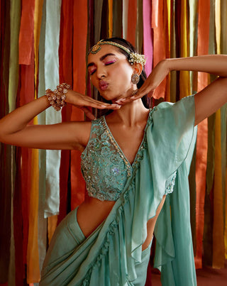 Sanya Gulati-Mint Green Ruffle Sari And Blouse-INDIASPOPUP.COM