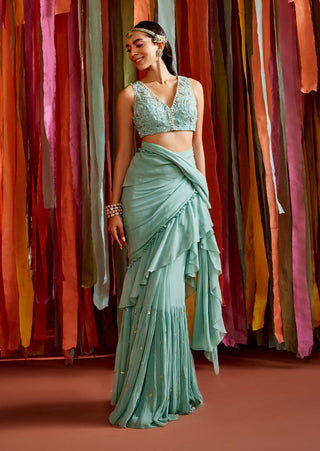 Sanya Gulati-Mint Green Ruffle Sari And Blouse-INDIASPOPUP.COM
