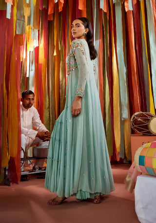 Sanya Gulati-Mint Green Cape And Sharara Set-INDIASPOPUP.COM