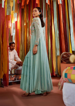 Sanya Gulati-Mint Green Cape, Bustier And Sharara-INDIASPOPUP.COM