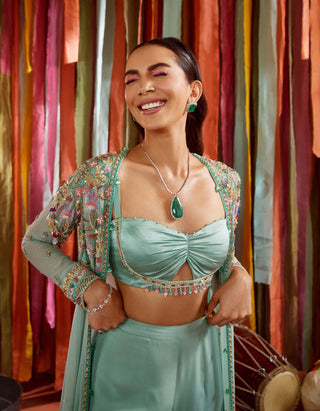 Sanya Gulati-Mint Green Cape, Bustier And Sharara-INDIASPOPUP.COM