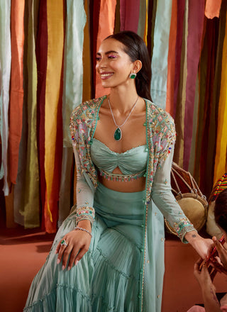 Sanya Gulati-Mint Green Cape, Bustier And Sharara-INDIASPOPUP.COM