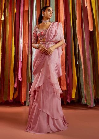 Sanya Gulati-Mauve Ruffle Draped Saree Set-INDIASPOPUP.COM