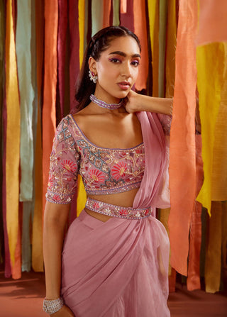 Sanya Gulati-Mauve Ruffle Draped Saree Set-INDIASPOPUP.COM