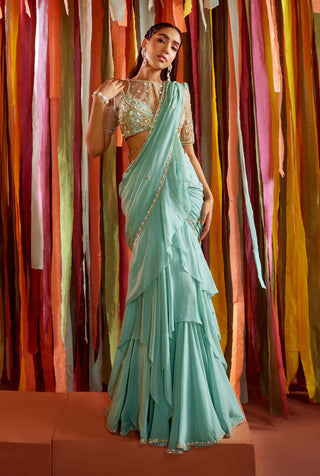 Sanya Gulati-Mint Green Tiered Ruffle Sari And Blouse-INDIASPOPUP.COM