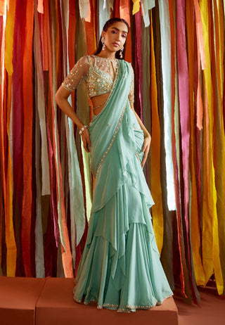 Sanya Gulati-Mint Green Tiered Ruffle Sari And Blouse-INDIASPOPUP.COM