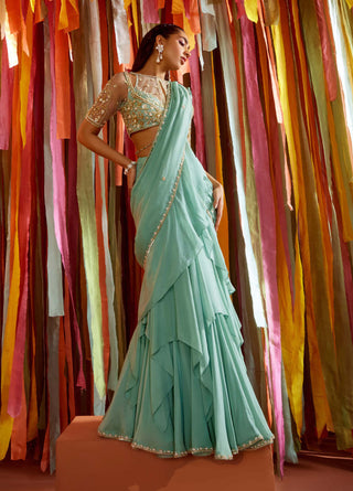 Sanya Gulati-Mint Green Tiered Ruffle Sari And Blouse-INDIASPOPUP.COM