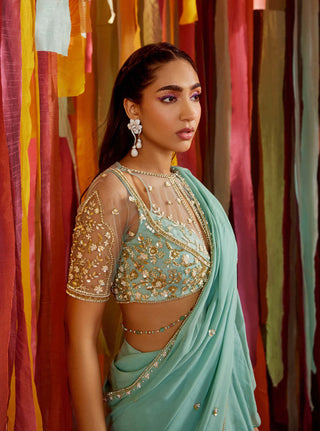 Sanya Gulati-Mint Green Tiered Ruffle Sari And Blouse-INDIASPOPUP.COM