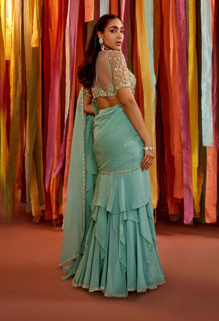 Sanya Gulati-Mint Green Tiered Ruffle Sari And Blouse-INDIASPOPUP.COM