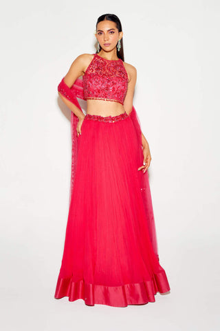 Sanya Gulati-Hot Pink Tonal Pleated Lehenga Set-INDIASPOPUP.COM