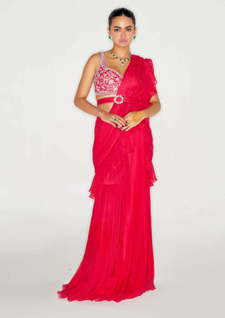 Sanya Gulati-Hot Pink Ruffle Saree Set-INDIASPOPUP.COM