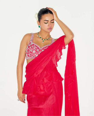 Sanya Gulati-Hot Pink Ruffle Saree Set-INDIASPOPUP.COM