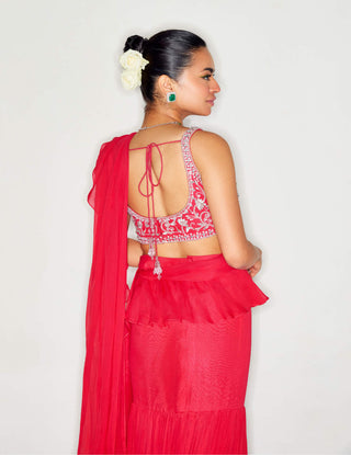 Sanya Gulati-Hot Pink Ruffle Saree Set-INDIASPOPUP.COM