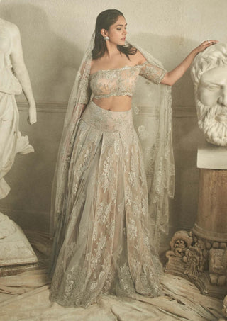 Shehla Khan-Silver Chantilly Lace Lehenga Set-INDIASPOPUP.COM