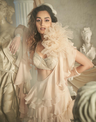 Shehla Khan-Nude Crystal Blouse And Ruffle Sari-INDIASPOPUP.COM