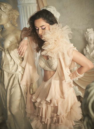 Shehla Khan-Nude Crystal Blouse And Ruffle Sari-INDIASPOPUP.COM