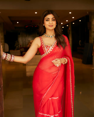 Gopi Vaid-Shilpa Red Drape Sari And Blouse-INDIASPOPUP.COM