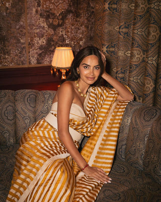 Yellow Orchre Silk Sari by Ekaya available on Indiaspopup.com