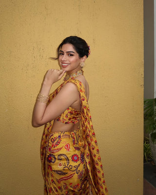 Yellow Draped Printed Sari With Blouse