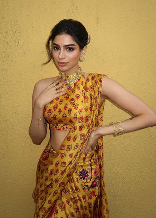 Yellow Draped Printed Sari With Blouse