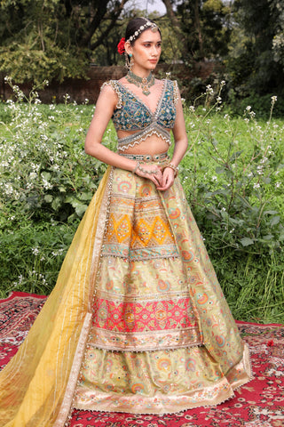 Pastel Green Banarasi Lehenga Set by Aditi Gupta available on Indiaspopup.com