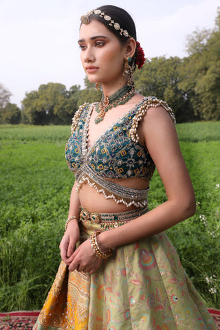 Pastel Green Banarasi Lehenga Set by Aditi Gupta available on Indiaspopup.com