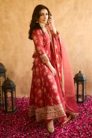 Red Floral Printed Long Anarkali Set by Gopi Vaid, available on Indiaspopup.com