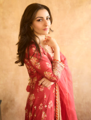 Red Floral Printed Long Anarkali Set by Gopi Vaid, available on Indiaspopup.com