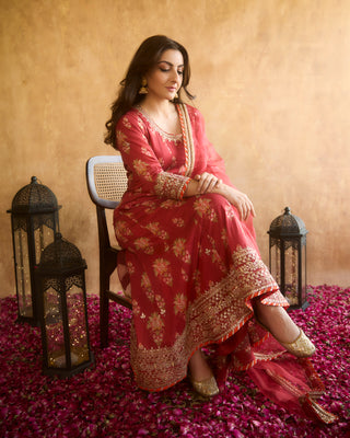 Red Floral Printed Long Anarkali Set by Gopi Vaid, available on Indiaspopup.com