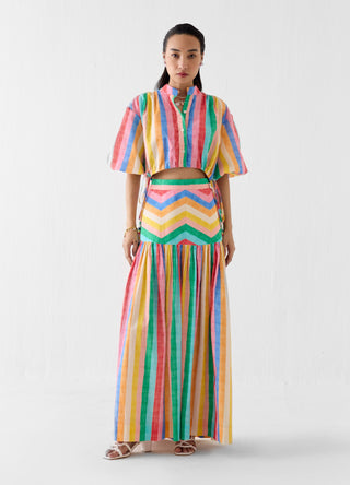 Leher rainbow drawstring shirt with gathered skirt