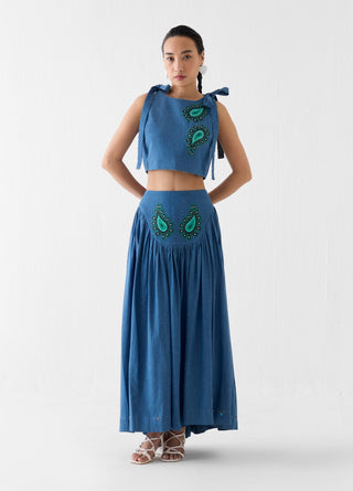 Indigo crop top with gathered skirt