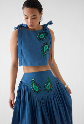 Indigo crop top with gathered skirt