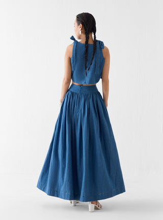 Indigo crop top with gathered skirt