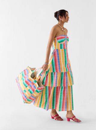 Leher rainbow print tiered off shoulder dress