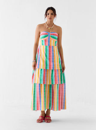 Leher rainbow print tiered off shoulder dress